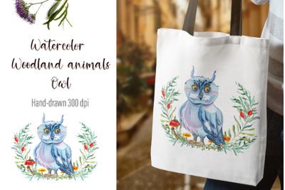 Watercolor Owl and beautiful wreath PNG for sublimation