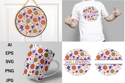 Pattern and round sign&2C; sweets and ghosts Halloween svg