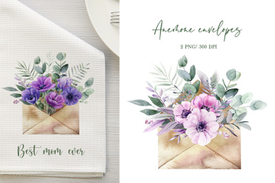 Anemone watercolor sublimation design, floral envelope png