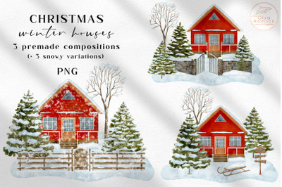 Winter House Clipart. Watercolor Christmas Countryside Compositions