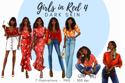 Girls in Red 4 - Dark skin Watercolor Fashion Clipart