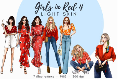 Girls in Red 4 - Light skin Watercolor Fashion Clipart