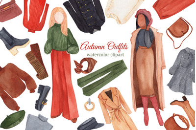 Autumn fashion watercolor illustration, fall fashion girl clipart, outfit collection for blog, magazine, planner stickers