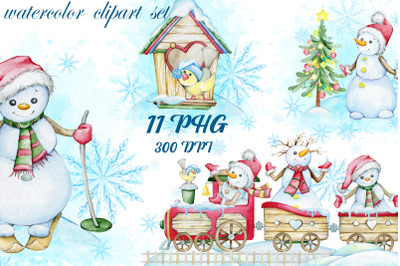 Christmas watercolor set, snowmen, snowflakes, snowdrifts, train, New