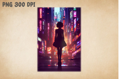 Silhouette Girl Alone in Cyberpunk City