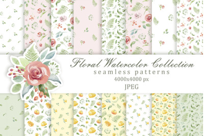 Floral Watercolor Seamless Patterns, 300dpi, 4000x4000 px.