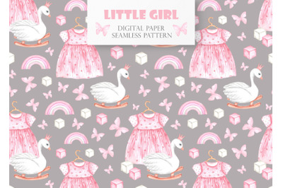 Little baby girl digital paper. Watercolor seamless pattern Pink dress