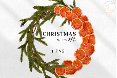 Watercolor Christmas Wreath Clipart. Round Winter Greenery Frame PNG