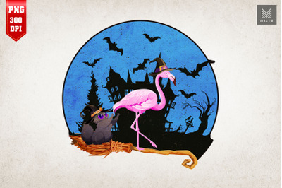 Flamingo And Cat Halloween