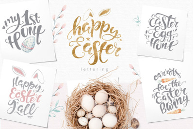 Watercolor happy easter qoutes overlays lettering + patterns clipart