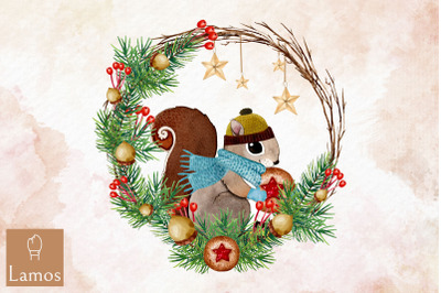 Squirrel Christmas Watercolor Round