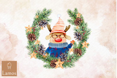 Reindeer Christmas Watercolor Round