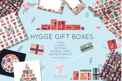 Hygge gift boxes Set of seamless patterns, cards, frames