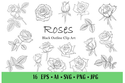 Roses flowers lineart clipart. Black outline Individual clipart PNG