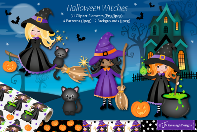 Halloween witch clipart, Black cats, C56