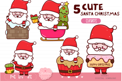 Cute Santa clipart. Kawaii clipart. Christmas cartoon vector