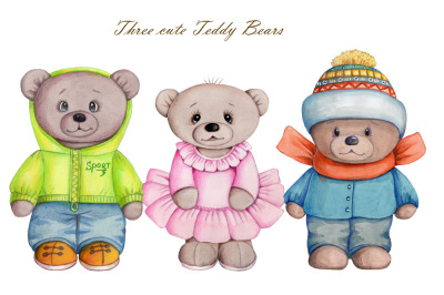Three cute Teddy Bears. Hand drawn.