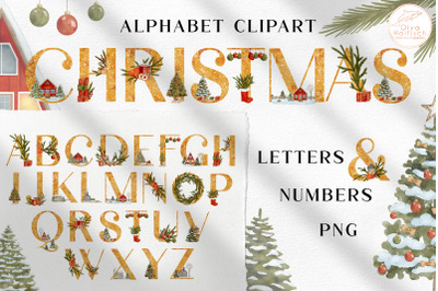 Christmas Alphabet Clipart. Watercolor Winter Letters and Numbers PNG