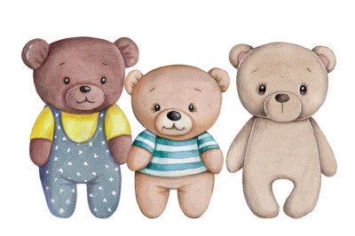 Three cute Teddy Bear Babies. Watercolor. Hand drawn.
