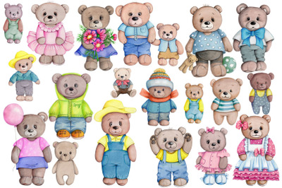 Big set of cute Teddy Bears. Watercolor.