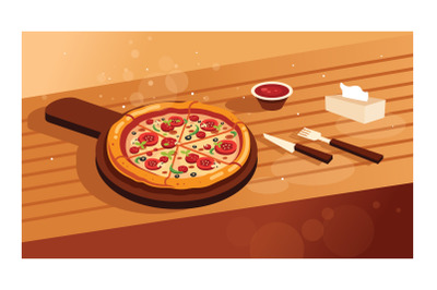Delicious pizza on wooden table