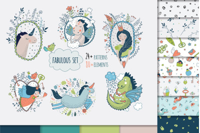Princess clipart. Vector and png set. Unicorn, dragon, fairy