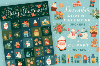 December Advent Calendar &amp; Christmas Clipart