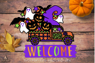 3d Halloween Truck | Halloween Welcome sign layered svg