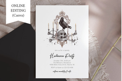 Halloween Invitation Adult Skull Party Autumn Holiday Editable Canva