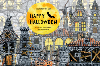 Happy Halloween Scary castle clipart, digital paper
