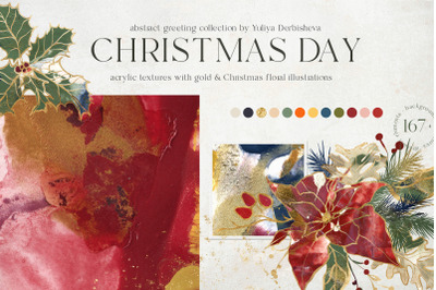 Christmas day abstract textures with gold &amp;amp; flowers card clipart