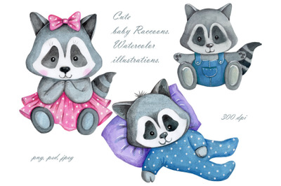 Cute baby Raccoons. Watercolor illustrations.