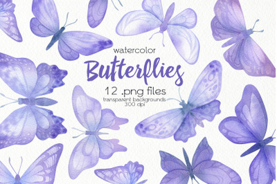 Watercolor Purple Butterflies Clipart - PNG Files