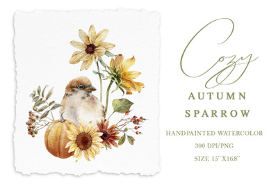 Cute bird watercolor clipart, fall flowers sublimation png
