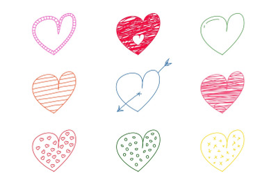Color drawing hearts in doodle style