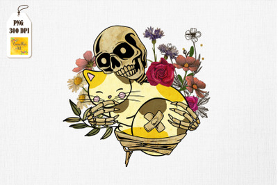 Skeleton Hugging Cat Floral Skeleton