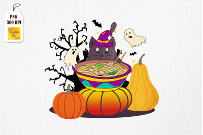 Witch Cat Eat Ramen Cute Halloween