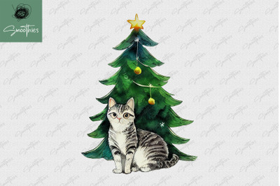 Cute Cat Standing Next To Christmas Tree