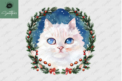 White Cute Cat With Christmas Round