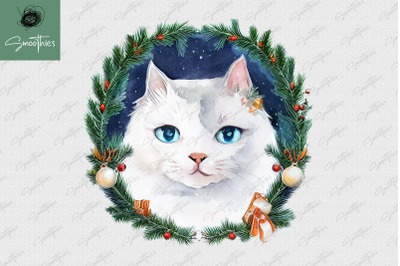 Christmas White Cat With Christmas Round