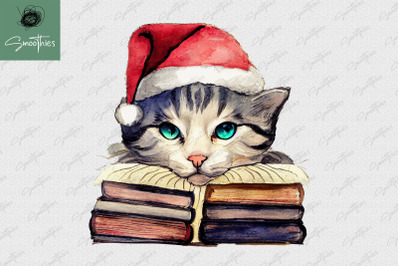 Christmas Cat Face With Books