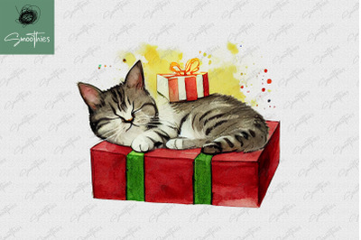 Christmas Cat Sleeping On Gift Boxes