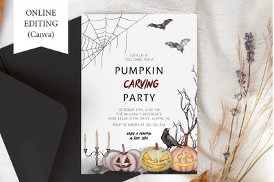 Halloween Pumpkin Carving Party Invitation Template Autumn Holiday Edi