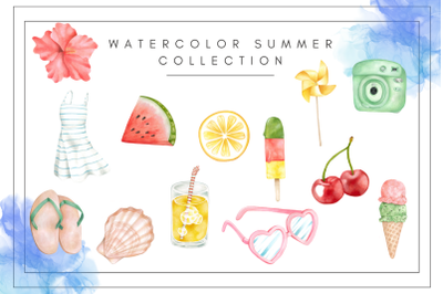 Watercolor Summer Clipart, Ice Cream, Sunglasses, Watercolor Cherry