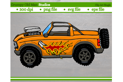cartoon 4x4 suv hot rod with open top | large engine flaming exhaust