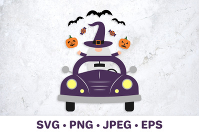 Halloween retro truck with gnome. Halloween car SVG