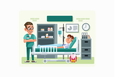 Doctor and Patient in Hospital Room Vector Illustration