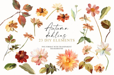 Autumn Floral Clipart, Dahlia Flowers and leaves
