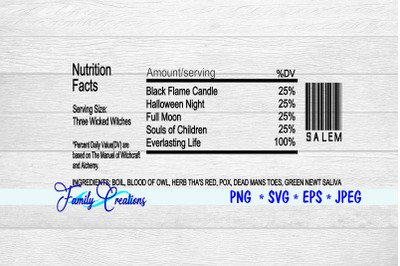 Three Wicked Witches Nutrition Label