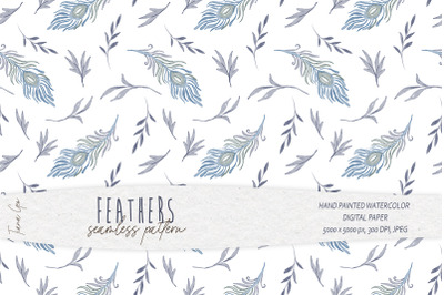 Watercolor feather seamless pattern / Digital paper - 1 JPEG